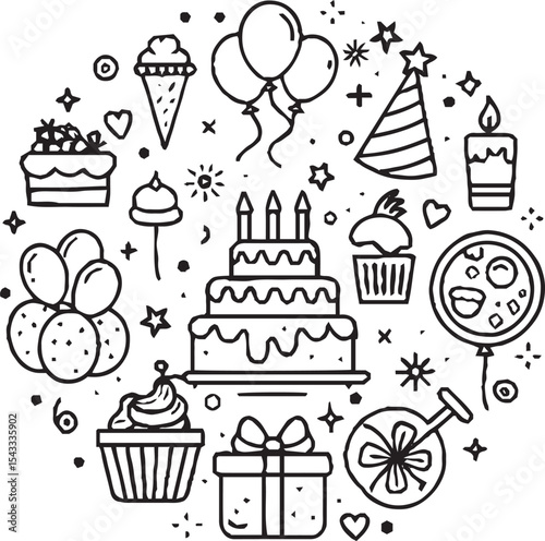 
A festive line art illustration featuring birthday-themed icons such as a cake, balloons, gifts, party hats, champagne glasses, fireworks, and decorations, all arranged in a circular layout.