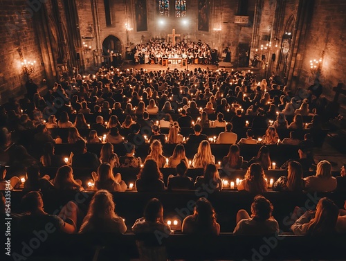 Audience and choir gathered together in a candlelit concert hall