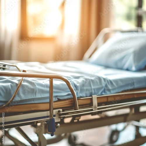 A hospital bed with a blue sheet and pillow is visible