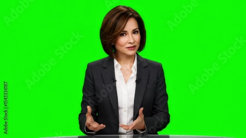 Female News Anchor Speaking at Desk – Green Screen Studio Broadcast