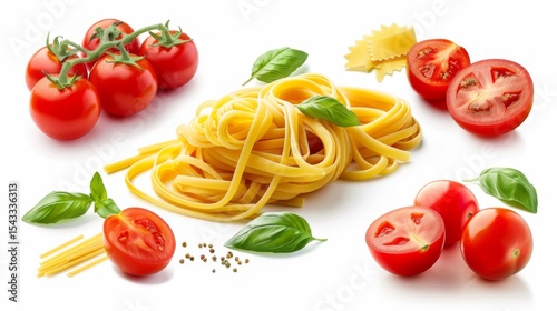 A beautiful arrangement of pasta, vine-ripened tomatoes, and fresh basil, representing a delicious Italian dish perfect for food lovers and culinary enthusiasts alike.
