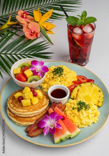Tropical Breakfast Plate with Pancakes and Fruit