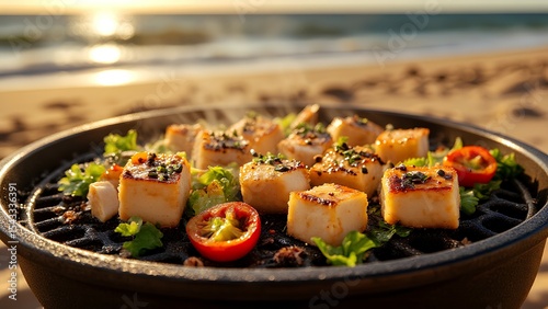Seared tofu cubes with herbs and cherry tomatoes grilled on a cast iron skillet by the beach at sunset.