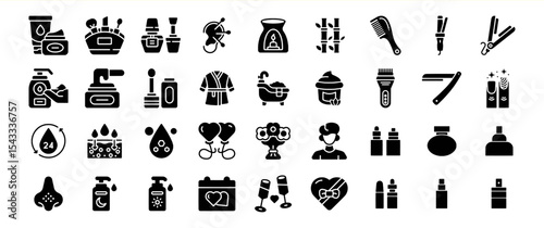Black Glyph Icons Beauty Spa Collection of Skincare Bath Products