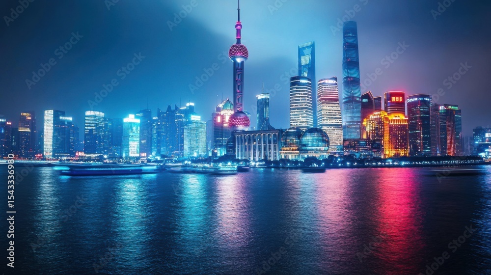 Obraz premium A stunning view of the illuminated Shanghai skyline showcasing iconic buildings and vibrant colors reflecting on the water under the night sky, perfectly capturing urban beauty.