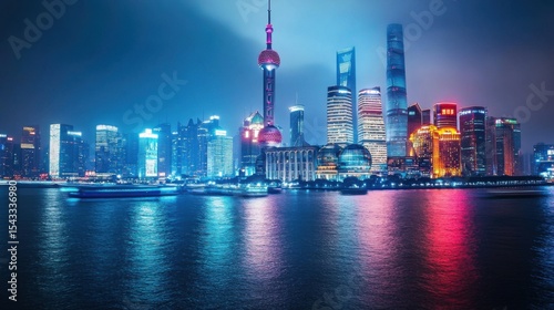 A stunning view of the illuminated Shanghai skyline showcasing iconic buildings and vibrant colors reflecting on the water under the night sky, perfectly capturing urban beauty.