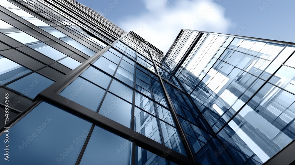 Obraz premium Modern glass skyscraper viewed from below with a clear sky background