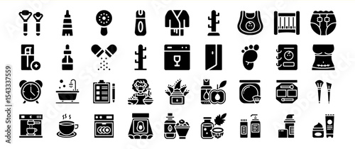 Black Glyph Icons Collection of Baby Care Bath Beauty and Wellness Products