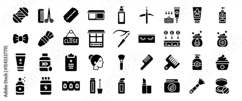 Black Glyph Icons Collection of Beauty and Cosmetic Products Tools