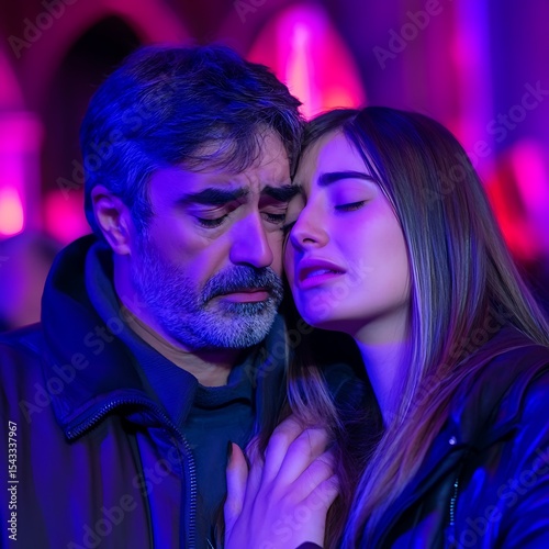 A concerned man embraces a woman showing emotion and grief
