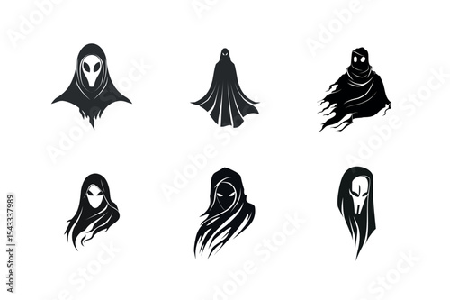 Six mysterious hooded figure silhouettes