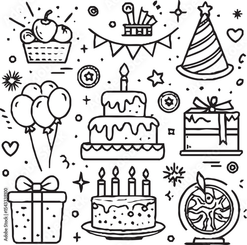 
A festive line art illustration featuring birthday-themed icons such as a cake, balloons, gifts, party hats, champagne glasses, fireworks, and decorations, all arranged in a circular layout.