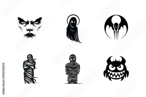 Six black and white halloween monster illustrations