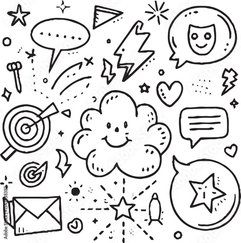 
A festive line art illustration featuring birthday-themed icons such as a cake, balloons, gifts, party hats, champagne glasses, fireworks, and decorations, all arranged in a circular layout.