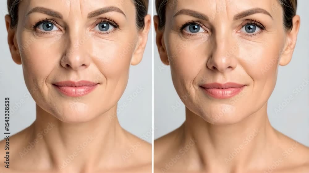 Middle aged woman face comparison showing skincare treatment results, demonstrating reduced wrinkles and improved complexion in skin health