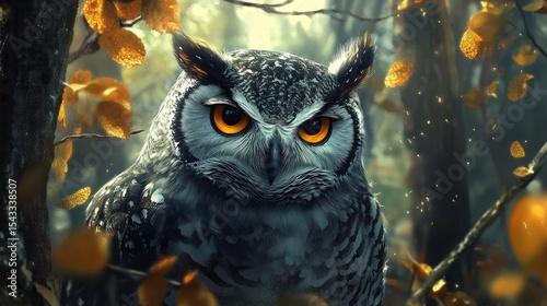 Northern hawk-owl (Surnia ulula). Wild life animal. looking for pray