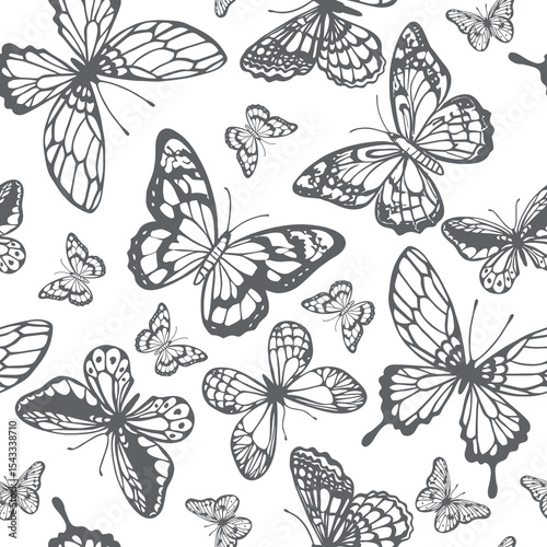 Seamless Black and White Butterfly Pattern – Hand Drawn Insect Design
