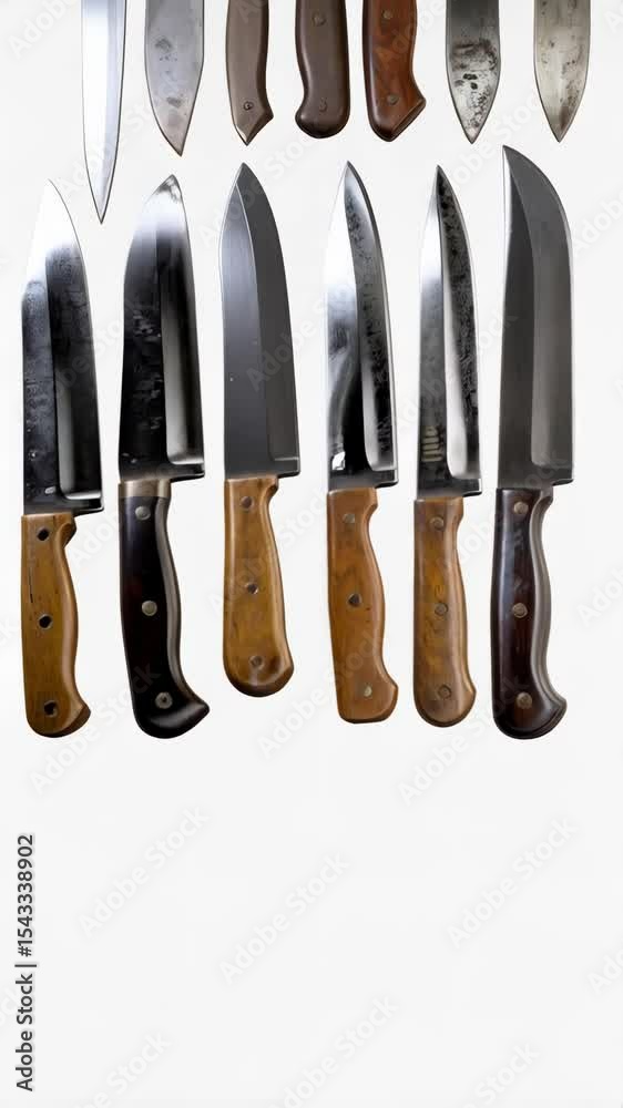 Collection of various antique and modern knives with wooden handles and sharp metal blades, arranged on a white background in a pattern. Collection of various antique and modern knives with wooden handles and sharp metal blades, arranged on a white background in a pattern.