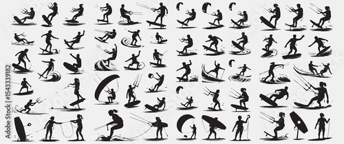 Kitesurfing Silhouette Vector, Extreme Water Sport Action