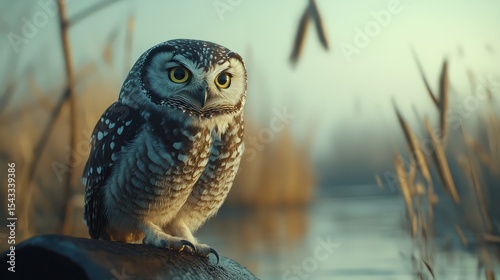 Northern hawk-owl (Surnia ulula). Wild life animal. looking for pray