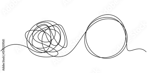 Mindfulness Idea Concept Doodle. Hand Drawn Symbol Vector, Chaotically tangled line and untied knot in form of circle. Unravels chaos and mess difficult situation. Psychotherapy concept of solving