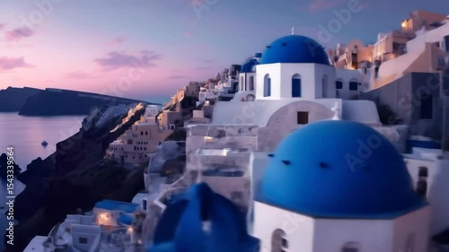 Santorini's Serene Sunset: A Dreamy Aerial Journey through Aegean Architecture