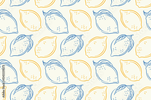 Seamless lemon pattern with whole lemon fruit and leaf on a white background in line art style. Perfect for summer design, kitchen wallpaper, packaging or fresh healthy fruit project.