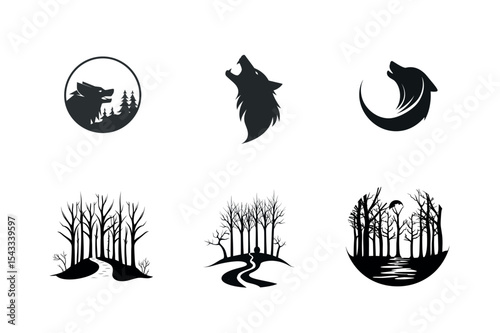 Six wolf and forest silhouettes logo designs