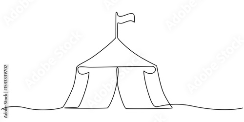 Big top circus. One line continuous circus tent. Line art tent for carnival. Outline vector illustration, Single one line drawing of two circus tents together with stripes and flags at the top.