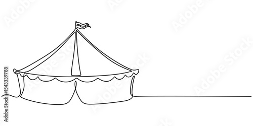 Big top circus. One line continuous circus tent. Line art tent for carnival. Outline vector illustration, Single one line drawing of two circus tents together with stripes and flags at the top.