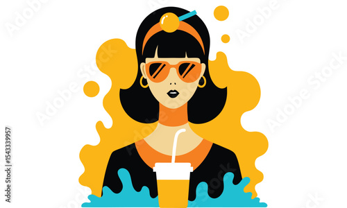 Stylish woman with orange sunglasses and drink isolated on white background