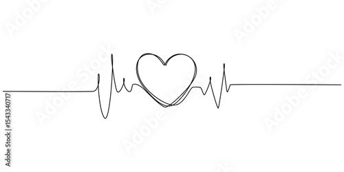 Continuous one line drawing of heart beat pulse line with love shape. Heart care in single line draw illustration. Editable stroke, Heartbeat Continuous Line Art Illustration, Illustration of a heart