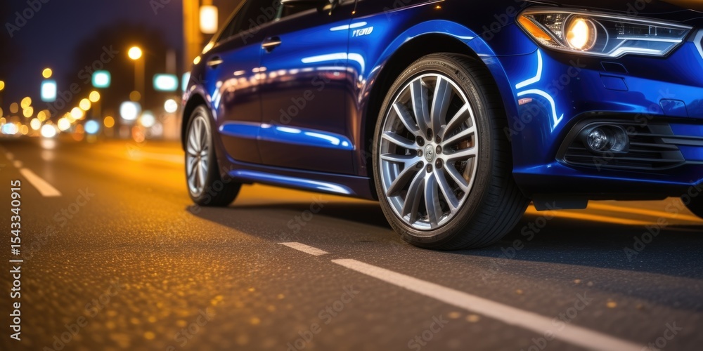 Fototapeta premium Sleek blue car on city street at night with striking headlights