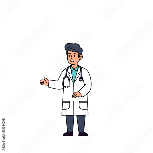 illustration of a male doctor with a stethoscope, smiling and giving advice. Modern flat medical professional character for clinic, healthcare, or hospital themes.