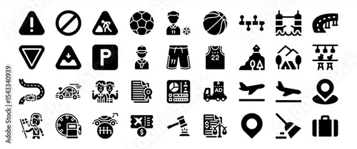 Collection of Black Glyph Icons Transportation Sports and More