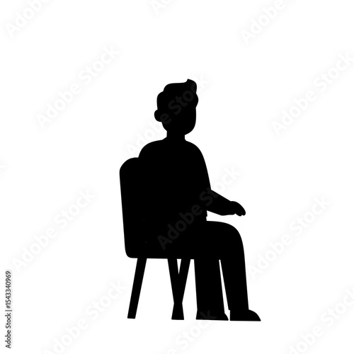 Silhouette of a seated man pointing forward while sitting on a chair. Simple black vector illustration representing direction, presentation, or explanation