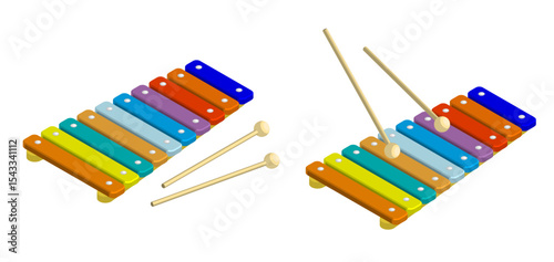 Isometric Xylophone musical instrument of percussion idiophones. Xylophone made of plates and percussion sticks top view. aerial view. Realistic 3D vector concept isolated on white background