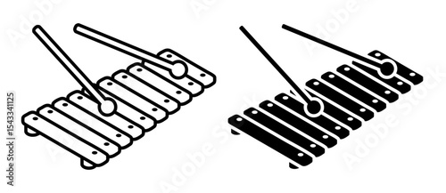 Linear icon, isometric xylophone musical instrument of percussion idiophones. Xylophone made of plates. Simple black and white top view vector isolated on white background