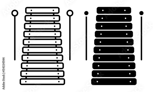 Linear icon. Xylophone musical instrument of percussion idiophones. Xylophone made of plates of varying lengths and percussion sticks. Simple black and white vector isolated on white background