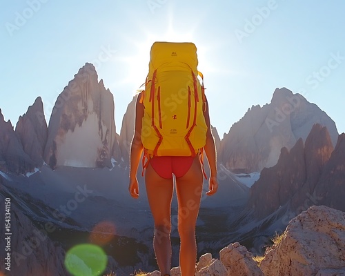 A person wearing swimwear with a backpack in mountains