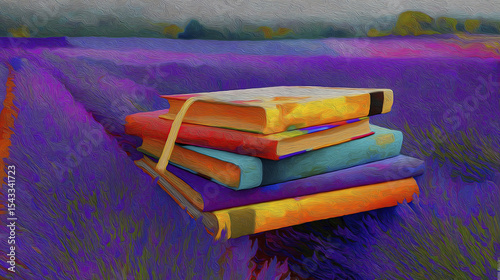 Colorful stack of book and journal resting in peaceful lavender field conveying feeling of tranquil escape amidst natural beauty and vibrant flower bloom outdoors