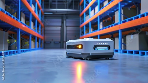 Close-up of a logistics robot navigating warehouse aisles, sorting packages on conveyor belts, and stacking goods with mechanical arms, demonstrating automated inventory management and efficient mater