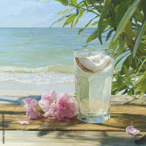 Refreshing tropical drink sits peacefully on wooden surface near ocean shore. Pink flower beside glass adds touch of natural beauty, evokes sense of calm and relaxation under warm sun
