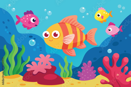 cartoon scene with coral reef with swimming cheerf