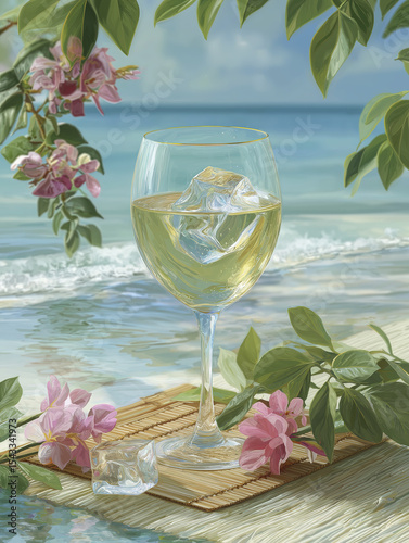 Elegant white wine glass sits on beach mat bathed in sunlight surrounded by tranquil ocean waves summer leaf flower creating peaceful nature view evoking relaxation