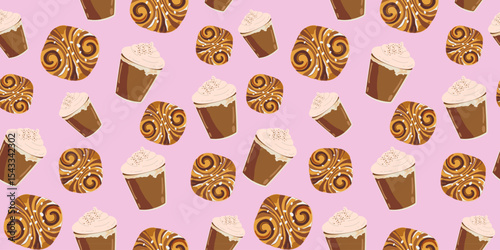 Pastries cartoon seamless pattern. Fresh pastries and lattes. Sweet food and drink background for bakery and coffee shops, cooking book, wrapping paper, prints, textile