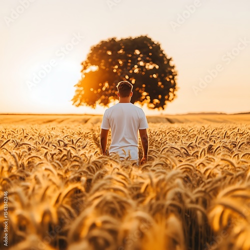 A man standing in a field of wheat at sunset