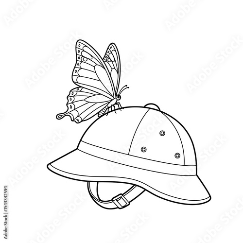 Coloring page of a butterfly on a pith helmet for kids and adults educational activity on transparent background