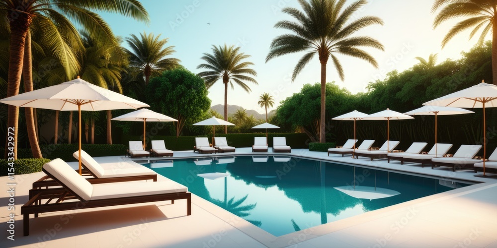 Fototapeta premium Luxurious tropical oasis: poolside retreat with palm trees and lounge chairs at sunset
