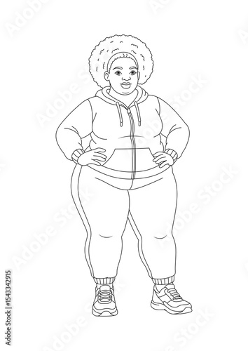 Confident curvy woman in sportswear standing with hands on hips. Black and white line art illustration for coloring books, body positivity themes, fitness, diversity, and self-love concepts.